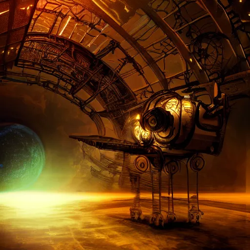 Prompt: Liminal space in outer space, steampunk, dramatic lighting