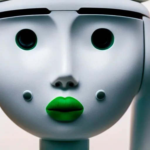 Image similar to minimalist photography portrait of a female porcelain robot with a tiny mouth, no lips, symmetrical, super close up, mid thirties, cute round green slanted eyes, porcelain skin, wide nostrils, chubby cheeks, high flat eyebrows, ethereal essence, angelic, leica 1 0 0 mm f 0. 8