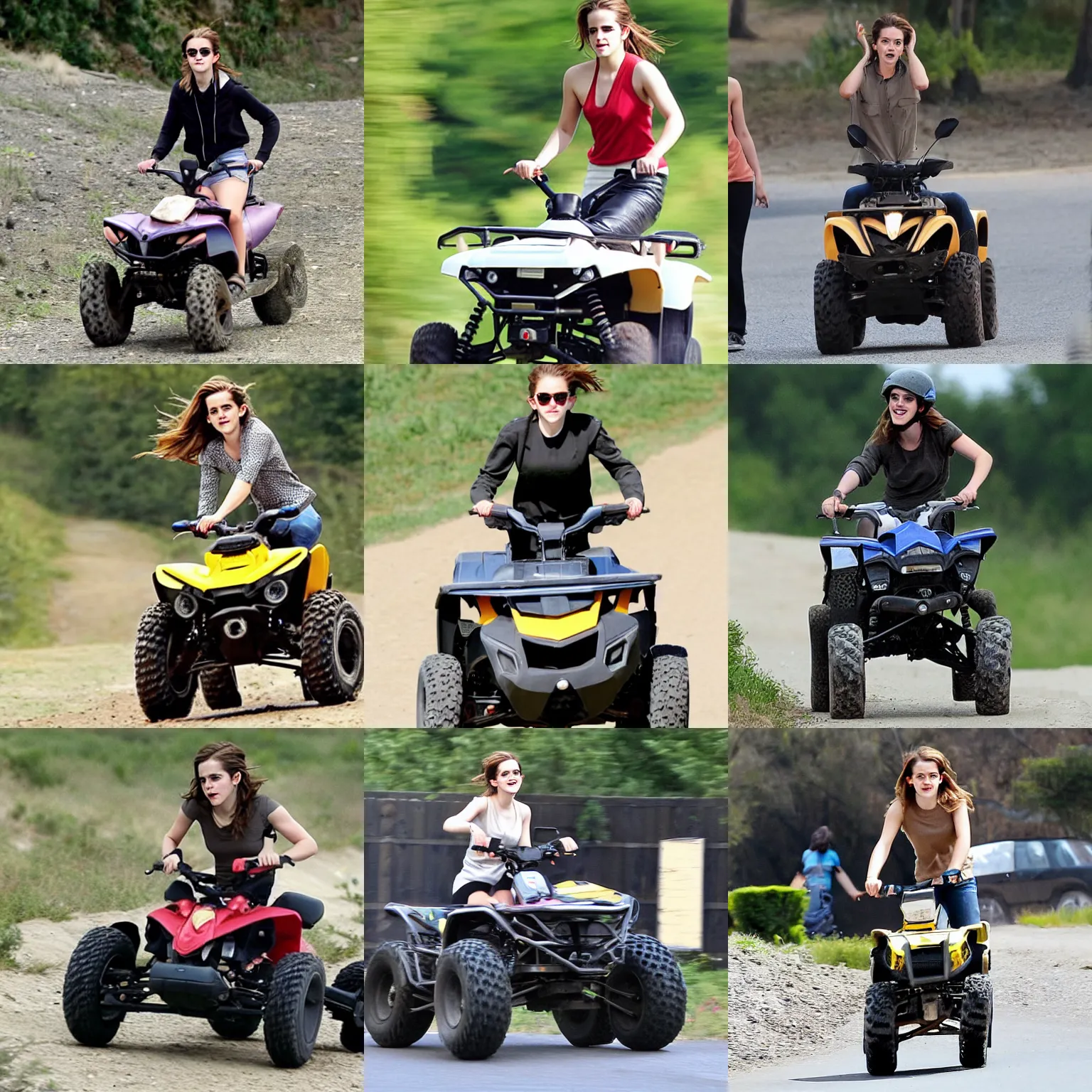 Prompt: Emma Watson doing a wheelie on an ATV