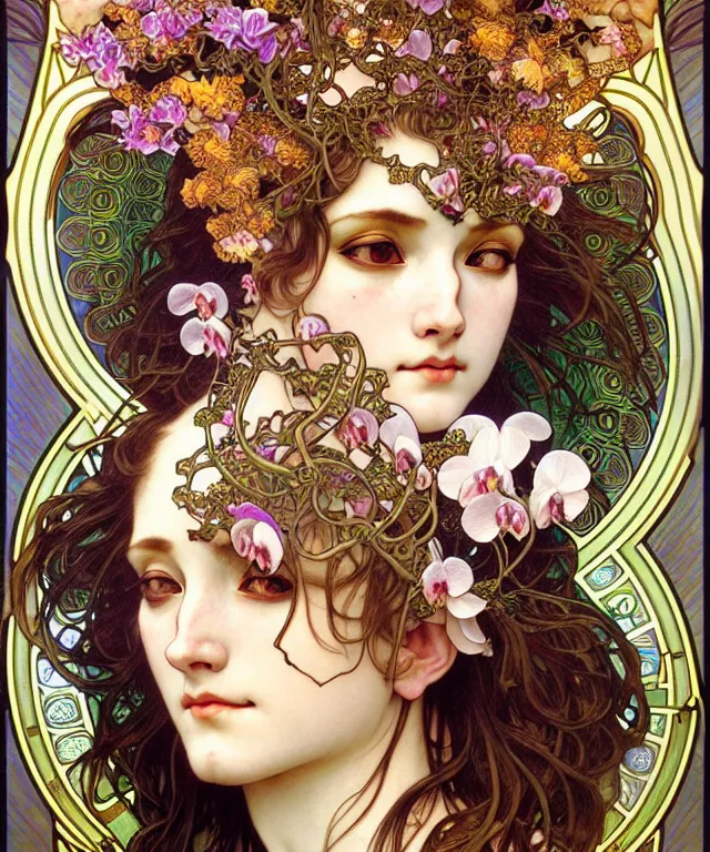 Prompt: realistic detailed face of the beautiful goddess of orchids wearing a giant tiger head headdress by alphonse mucha, ayami kojima, amano, greg hildebrandt, mark brooks, and ernst haeckel, golden ratio, art nouveau, neo - gothic, gothic, neoclassical,