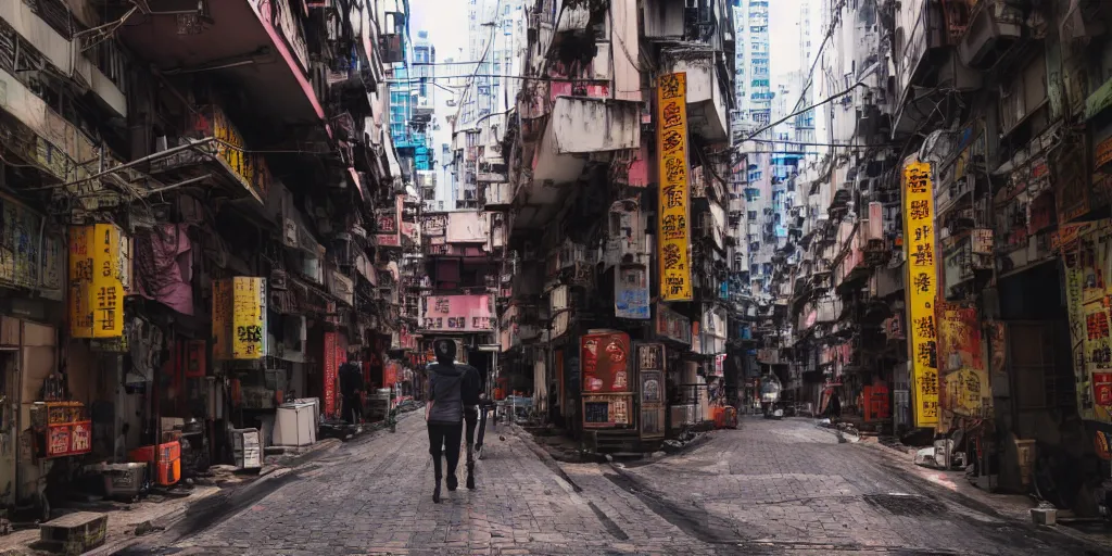 Prompt: a cyberpunk hong kong alley with robots and humans walking around by seerlight