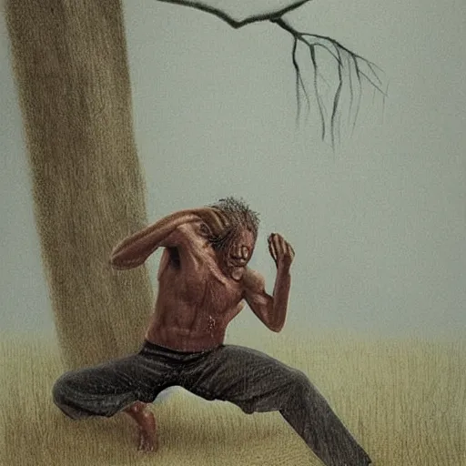 Prompt: The drawing shows a man caught in a storm, buffeted by wind and rain. He clings to a tree for support, but the tree is bent nearly double by the force of the storm. The man's clothing is soaked through and his hair is plastered to his head. His face is contorted with fear and effort. by Bo Bartlett haunting, artificial