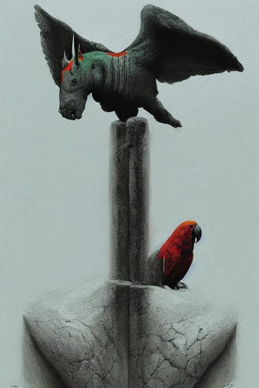 Image similar to painting of cross between parrot & rhino, intercrossed animal, by zdzislaw beksinski, by tiffany bozic, cold hue's, warm tone gradient background, concept art, beautiful composition, digital painting,