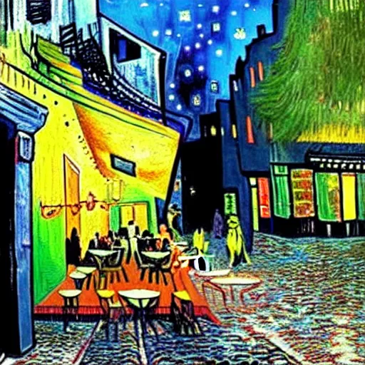 Prompt: Cyberpunk Cafe Terrace at night by Vincent Van Gogh in real life