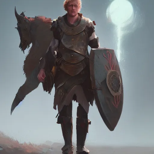 Image similar to Logan Paul With warrior armor , artstation, Greg rutkowski, cinematic, digital Art