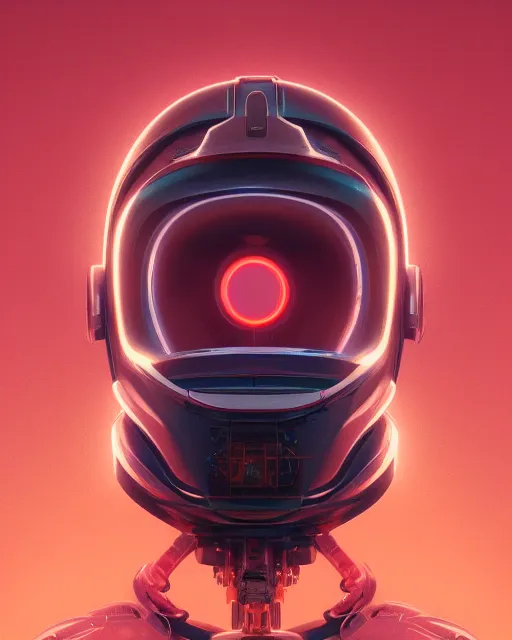 Image similar to portrait of sentient machine with oval helmet with a red chip on left side, by greg rutkowski, wlop, beeple, dan mumford, octane render, trending on artstation, symmetrical artwork. cinematic, key art, hyperrealism, high detail, 8 k