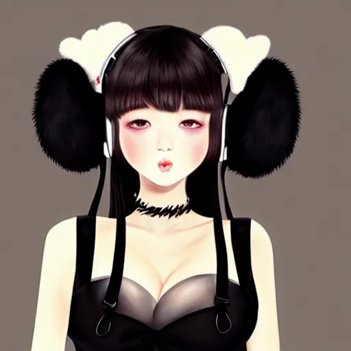 Image similar to realistic beautiful gorgeous buxom natural cute Blackpink Lalisa Manoban black hair cute fur black cat ears, wearing white camisole, headphones, black leather choker artwork drawn full HD 4K highest quality in artstyle by professional artists WLOP, Taejune Kim, Guweiz on Pixiv Artstation