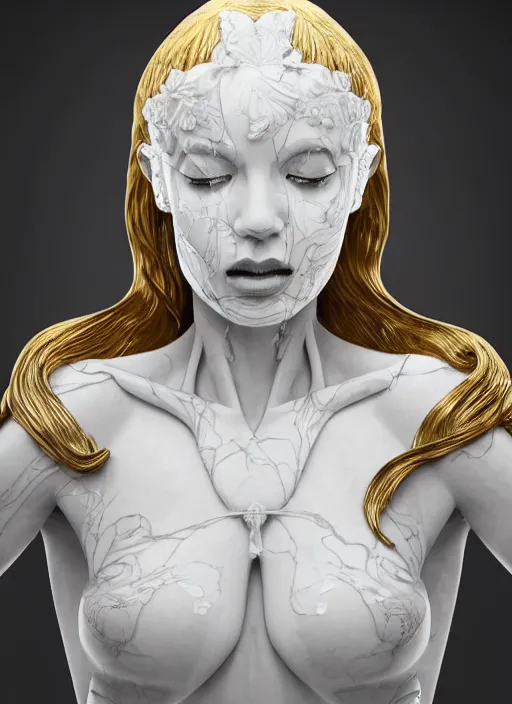 Image similar to a statue made of white marble with gold veins, of an beautiful gorgeous angel girl, full body shot, perfect symmetrical body, perfect symmetrical face, no eyes, hyper realistic, hyper detailed, fujicolor superia 1 6 0 0 photo, by johannen voss, by peter kemp, by monia merlo, by michelangelo octane render, blender, 8 k