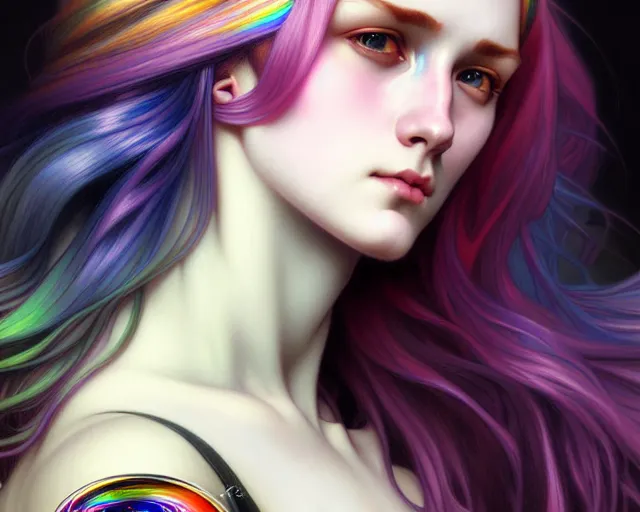 Prompt: overlord, rainbow hair, portrait, highly detailed, deep focus, elegant, digital painting, smooth, sharp focus, illustration, ultra realistic, 8 k, art by artgerm and alphonse mucha and edgar maxence