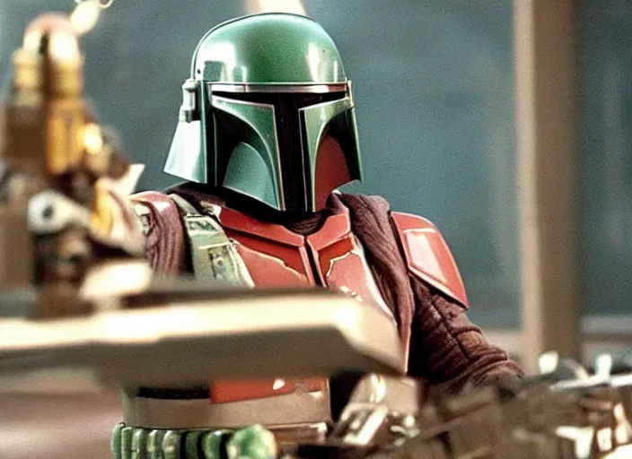 Prompt: film still of Boba Fett gambling in vegas in the Phantom Menace 1999