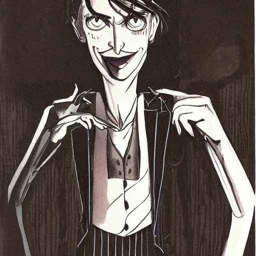 Image similar to A photgraphic portrait of the character, Desire, a tall, smiling androgyne with black hair and a grey pinstripe suit, studio lighting, medium shot, Life Magazine, 1978, Vertigo Comics, The Sandman written by Neil Gaiman, against a stormy sky