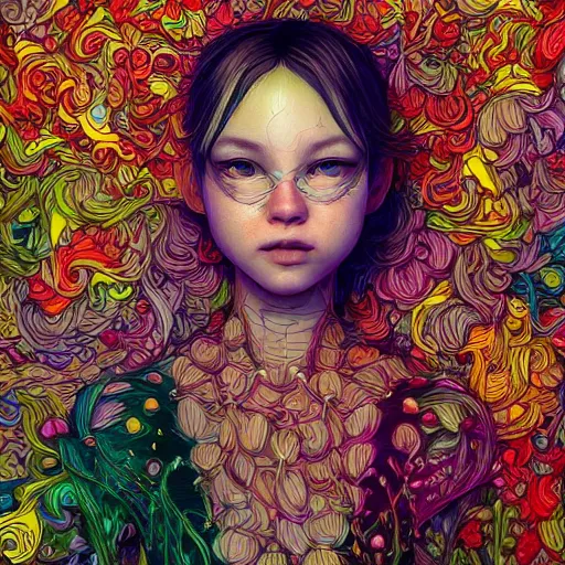 Image similar to the portrait of an unbelievably cute woman partially made of onions of all colors, an ultrafine detailed illustration by james jean, final fantasy, intricate linework, bright colors, behance contest winner, vanitas, angular, altermodern, unreal engine 5 highly rendered, global illumination, radiant light, detailed and intricate environment