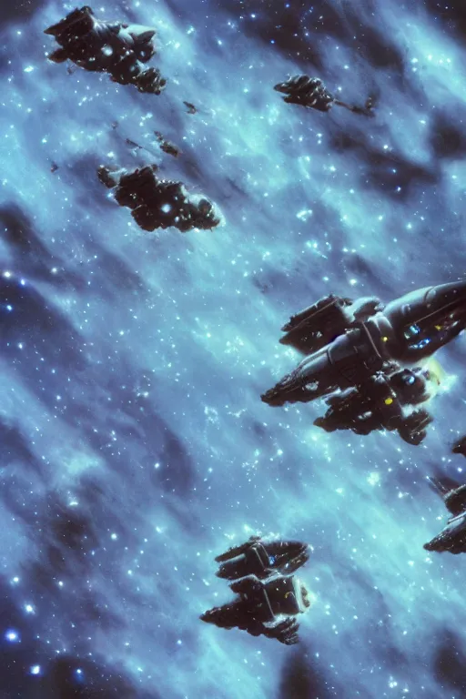 Prompt: hubble photograph of a space marine carrier fleet exiting hyperspace, subdued and unremarkable image