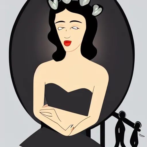 Prompt: beautiful woman with an halo, wearing an black dress and sitting in an piano, 3 0 s cartoon style art