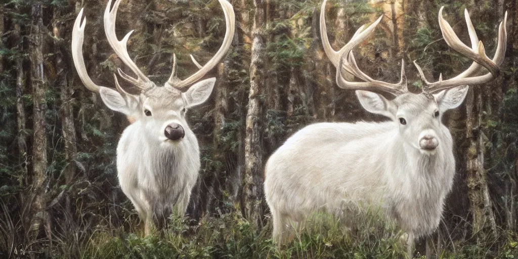 Prompt: an oil painting of the king of the forest: a white stag, beautiful, fantasy, hyper realistic, dramatic lighting, 8k,