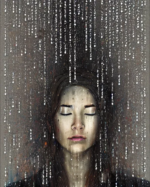 Prompt: Portrait of a woman with closed eyes standing in cybernetic rain, Justin Bartlett