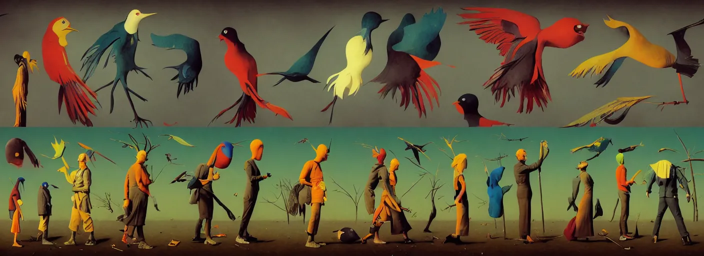 Prompt: full - body surreal colorful bird rpg character concept art anatomy, action pose, very coherent and colorful high contrast masterpiece by norman rockwell franz sedlacek hieronymus bosch dean ellis simon stalenhag rene magritte gediminas pranckevicius, dark shadows, sunny day, hard lighting, reference sheet white! background