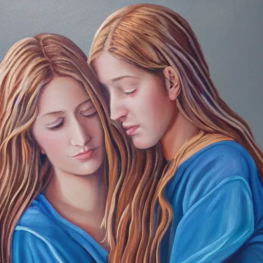 Prompt: a painting two young women best friends in their twenties hugging, they are both beautiful with long blond hair, one of the girls has a halo above her head and angel wings, highly detailed, digital art