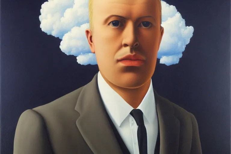 Image similar to portrait of man in a suit that has clouds instead of head by rene magritte, detailed painting, hd, hq, high resolution, high detail, 4 k, 8 k