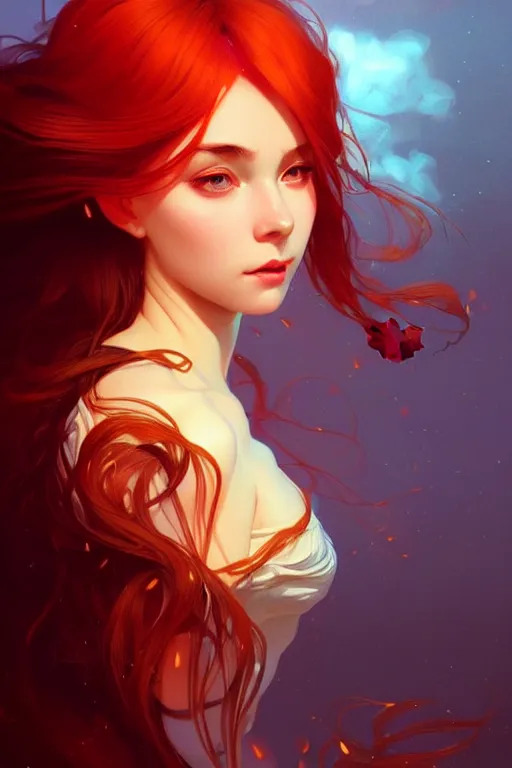 Image similar to a beautiful girl with fire hair, fantasy, portrait, sharp focus, intricate, elegant, digital painting, artstation, matte, highly detailed, concept art, illustration, ambient lighting, art by ilya kuvshinov, artgerm, Alphonse mucha, and Greg Rutkowski