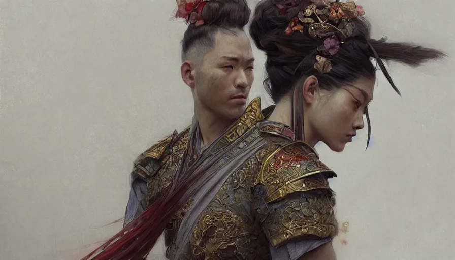 Image similar to a beautiful realistic painting of a samurai, intricate, elegant, highly detailed, digital painting, artstation, concept art, by krenz cushart and artem demura and alphonse mucha
