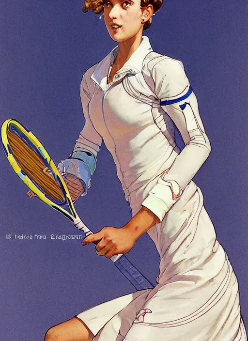 Prompt: a copic maker art nouveau portrait of a tennis player girl finely detailed features wearing an eva pilot suit designed by balenciaga by john berkey, norman rockwell akihiko yoshida