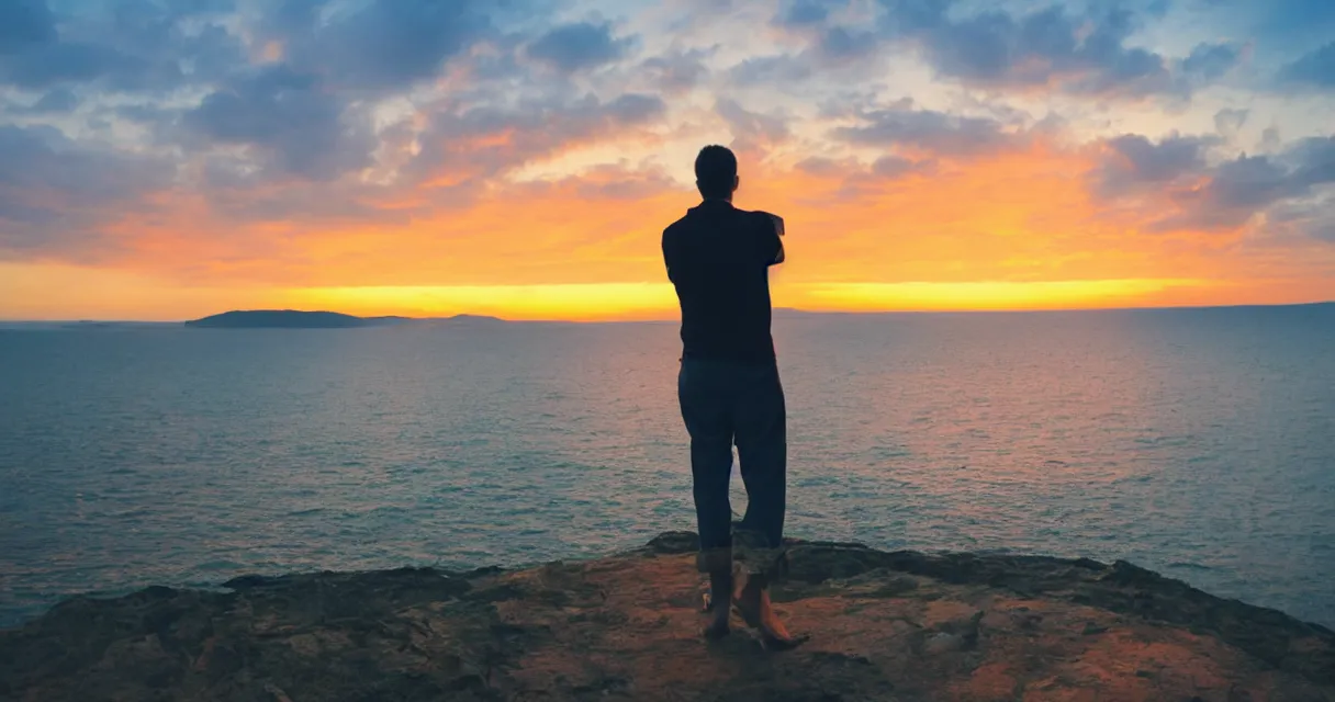 Prompt: wide range photo of a man looking at a beautiful sunset, highly detailed, colorful