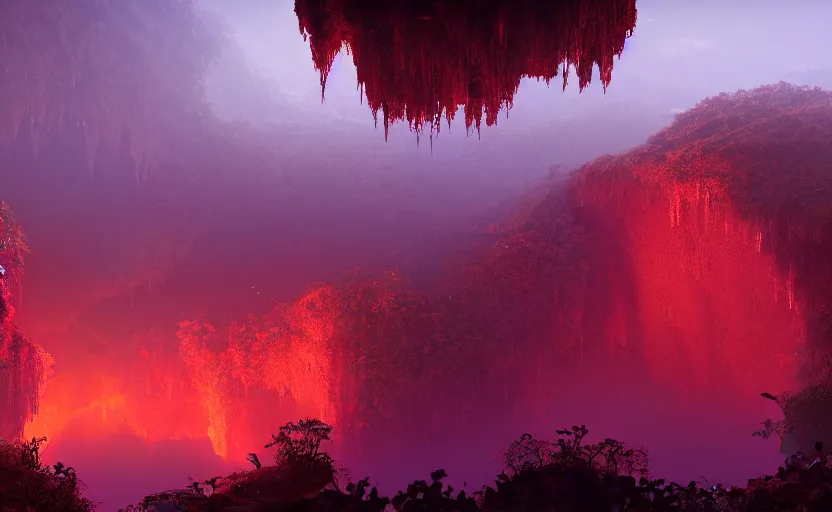 Image similar to a beautiful and stunning digital render of a humongous ruby cave, dimly glowing crystals, vines, haze, waterfall, volumetric lighting, photorealistic, red sky, sunset, unreal engine 5, ultra detail, trending on artstation