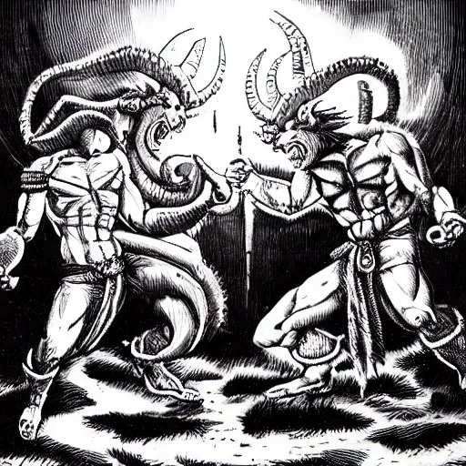 Image similar to Baphomet fistfighting a savage woman with wild spiky black Saiyan hair, dark dungeon, bloody walls, fantasy art, absurd quality