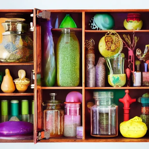 Prompt: cabinet of curiosities full of multicolored slime