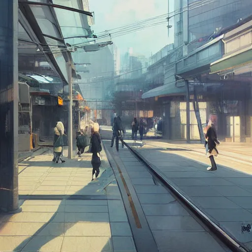 Image similar to i walked through streets around jr tachikawa and tama monorail stations, volumetric lighting, spring early morning, dew, nice weather, realistic illustration, perfectly shaded, soft painting, art by krenz cushart and wenjun lin