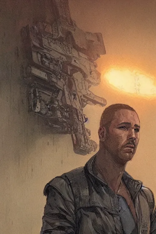 Image similar to Ezra. Blade runner 2049 mercenary. concept art by James Gurney and Mœbius.