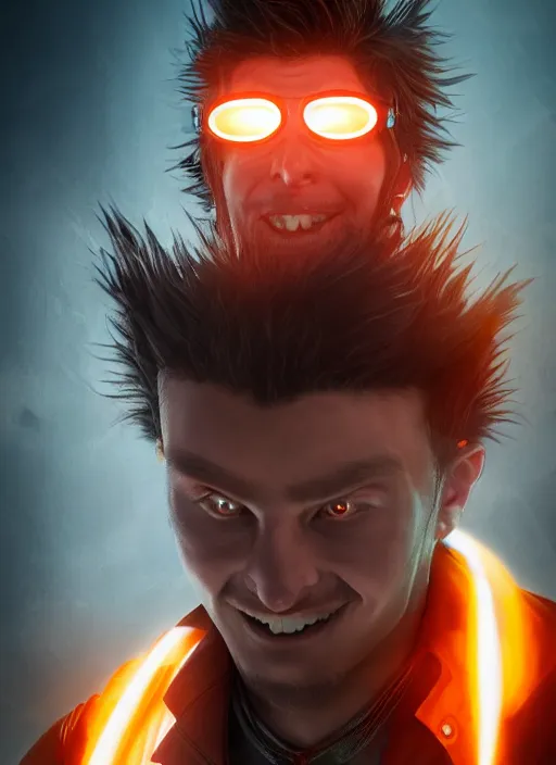 Image similar to An epic fantasy comic book style portrait painting of young man with red spiked long hair, using an orange lens googles. Wearing a black waistcoat, white shirt. He is with a vicious smile in face. Unreal 5, DAZ, hyperrealistic, octane render, cosplay, RPG portrait, dynamic lighting