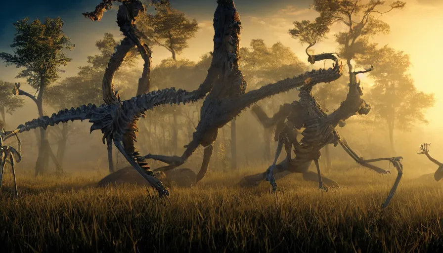 Image similar to hyper realistic highly detailed nature photography of skeleton zombies, prehistoric planet, volumetric lighting, octane render, 4 k resolution, golden hour