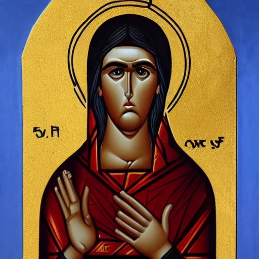 Image similar to sasha grey as saint, christian icon painting, highly detailed