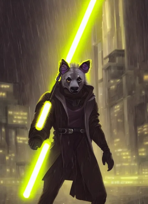 Image similar to beautiful portrait commission of a male furry anthro hyena fursona wearing jedi robes and wielding a yellow lightsaber in a cyberpunk city at night in the rain. character design by charlie bowater, ross tran, artgerm, and makoto shinkai, detailed, inked, western comic book art