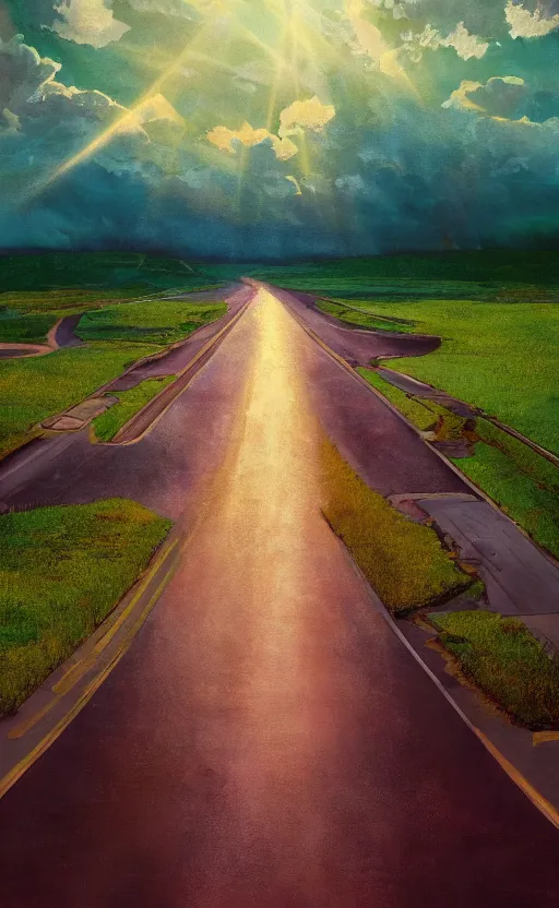 Image similar to paperback book cover. 1 9 6 0 s. pure colors, melting clouds, accurately drawn details, a sunburst above a receding road with the light reflected in furrows and ruts, after rain. photorealistic. octane render. cinematic. trending on artstation. textless.