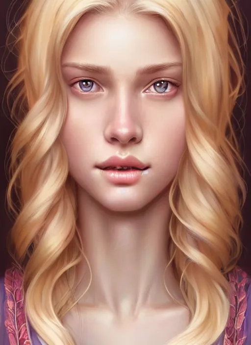 Image similar to beautiful feminine face! portrait of young woman blessed by god with ever - increasing physical mental perfection, blonde hair, symmetrical! intricate, elegant, highly detailed, holy perfection!! smile, plush lips, digital painting, artstation, concept art, smooth, sharp focus, illustration, art by artgerm and greg rutkowski and alphonse mucha