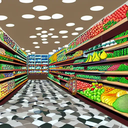 Prompt: four dimensional architectural rendering illustration of non-euclidean geometry grocery store aisle, surrealism optical illusion