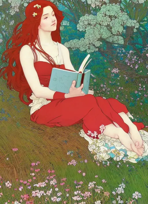 Image similar to pretty young woman resembling alicia vikander with long red hair, reading a book under a tree, path traced, highly detailed, high quality, digital painting, by studio ghibli and alphonse mucha, leesha hannigan, hidari, art nouveau, chiho aoshima, jules bastien - lepage