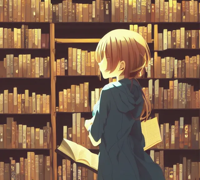 Prompt: anime visual, full body portrait of a young female traveler in a book shop interior, beautiful face by yoh yoshinari, katsura masakazu, dramatic lighting, dynamic pose, dynamic perspective, strong silhouette, anime cels, ilya kuvshinov, cel shaded, outlined edges, rounded eyes, moody, detailed character