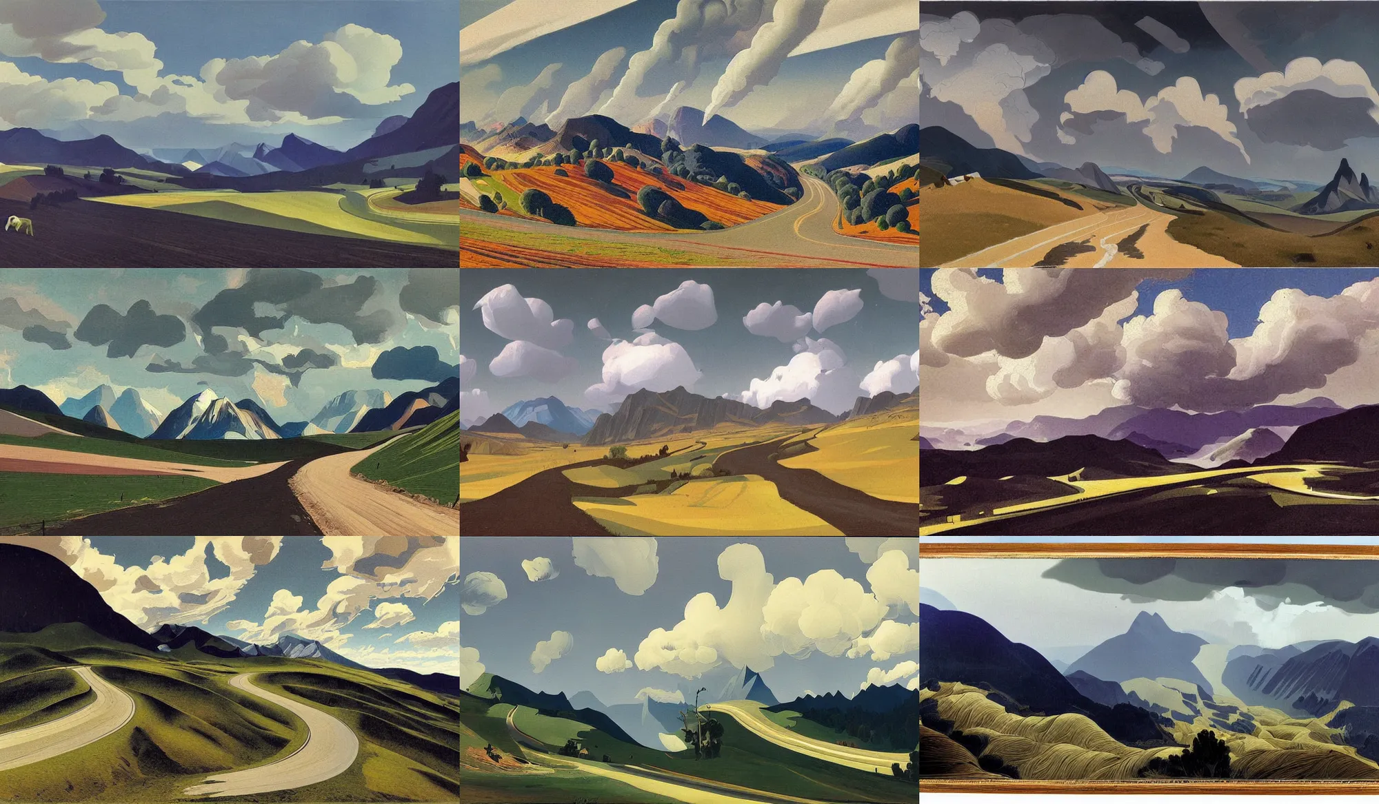 Prompt: painting of landscape of alpes, hurricane, road between hills, surreal sky, thunder clouds, forests, pastoral, from a bird's eye view, unsaturated and dark atmosphere, artwork by georgy nissky and alfred joseph casson and isaac levitan