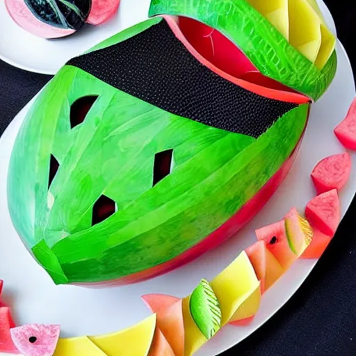 Prompt: an elaborate watermelon carving that looks like a batmobile made out of specially carved watermelon parts, spread out on a party platter ready for guests, photography, food and garden magazine,