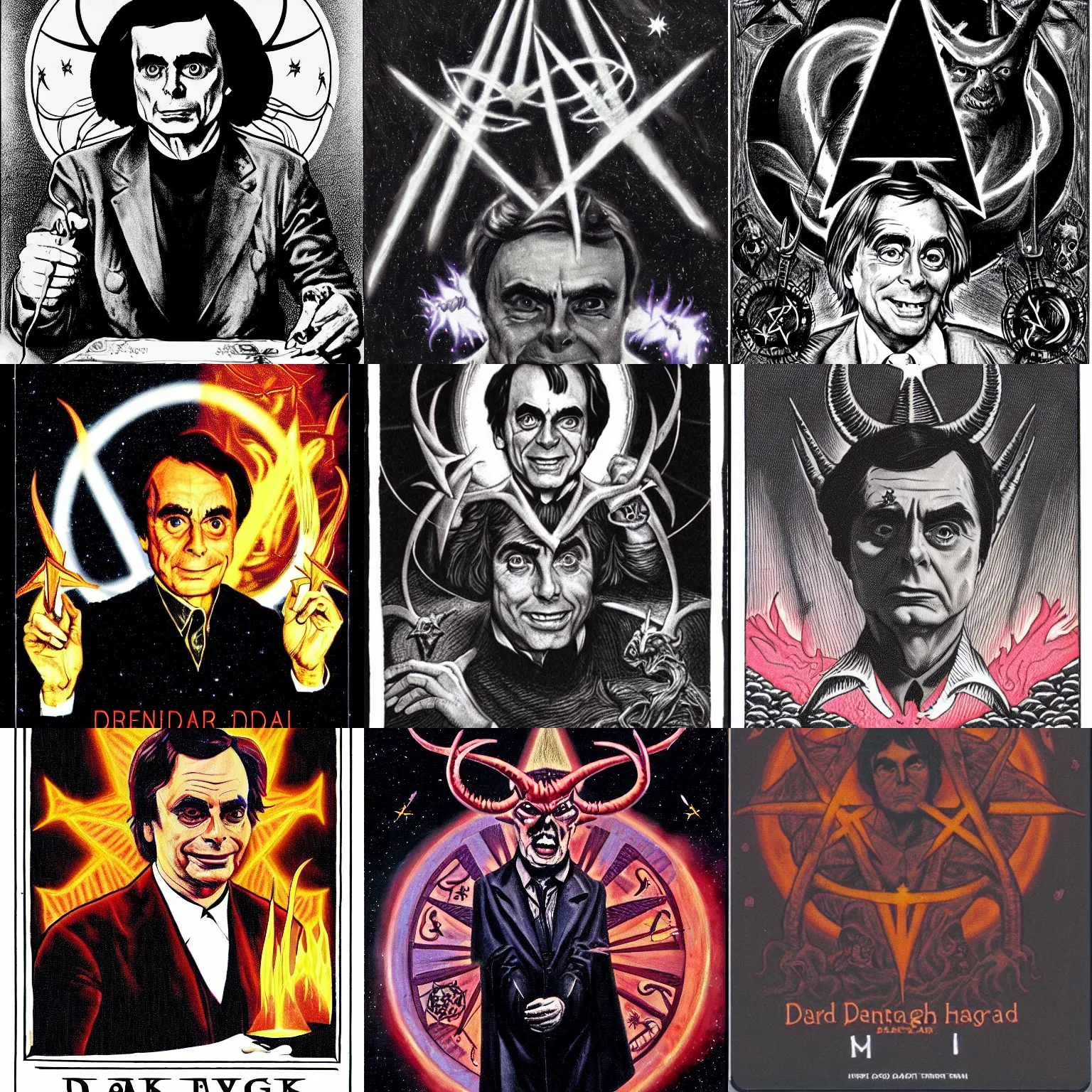 Prompt: Satanic Carl Sagan, Dark lord of Hell. Portrait. Evil personified. Occult. Tarot. Upside Down Pentagram. horns. flames