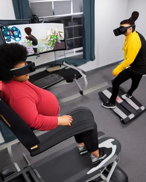 Image similar to Studio Photograph of a real life Super morbidly obese 800 pound American teenager Fat Albert wearing VR goggles while walking on a VR Treadmill in the Style of Annie Leibovitz,