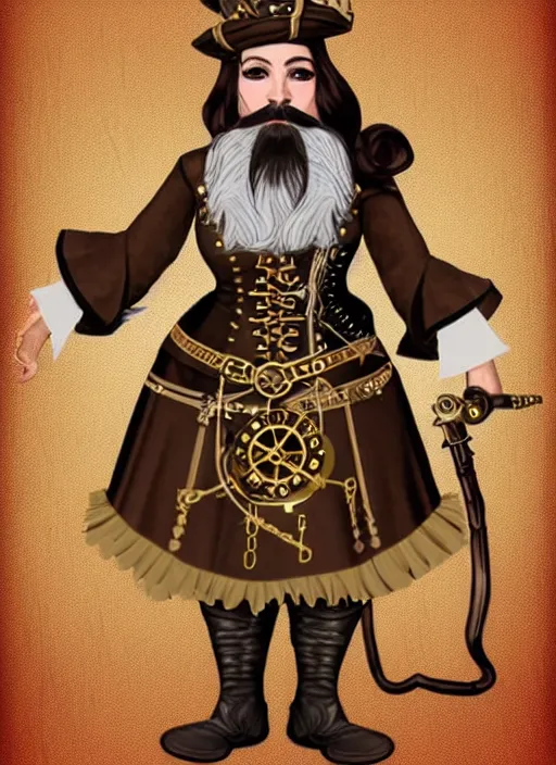 Image similar to Steampunk beard female dwarf glamor bard speaker of a small town and fashionable female in high-end Oscar de la Renta