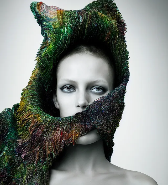 Image similar to photography face portrait of one female fashion model in rainforest, wearing one organic futurist shawl designed by iris van herpen,, creative colorfull - makeup, curly hair style half _ long, photography by paolo roversi nick knight, helmut newton, avedon, and araki, sky forest background, natural pose, highly detailed, skin grain detail