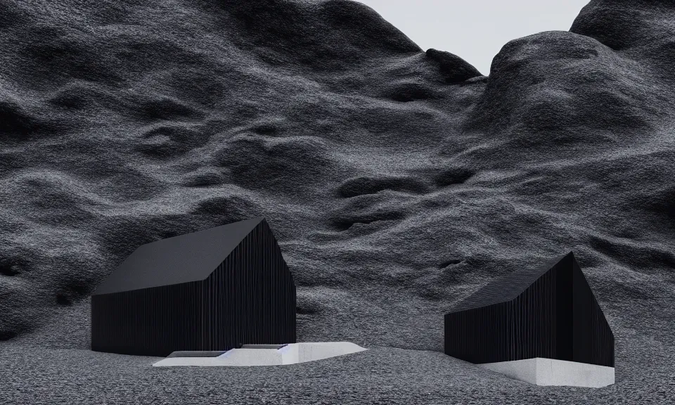 Image similar to tall black geometric house, embedded in lava cliff, full view, black house, molten metal house, minimal, rippled white landscape, dwarven architecture, light from molten iron, octane render, hyper realistic, 8 k, octane render