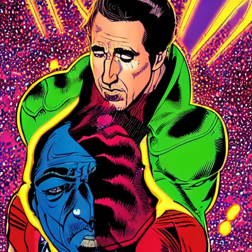 Image similar to dynamic macro head portrait of beautifu l nicholas cage super hero in white sequined jacket by john romita sr and cory walker and ryan ottley and jack kirby and barry windsor - smith, comic, illustration, photo real