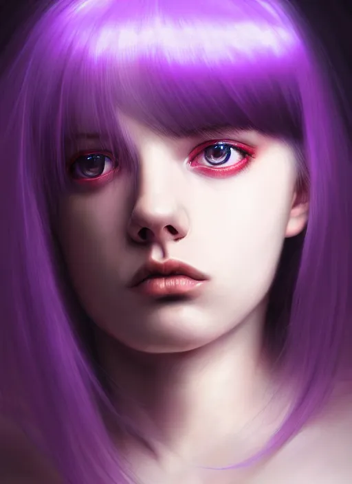 Image similar to hair whitebangs hair, black hair, whitebangs, portrait of teenage girl with white bangs, red irises, purple clothes, white bangs, bangs are different color from hair, intricate, elegant, glowing lights, highly detailed, digital painting, artstation, concept art, smooth, sharp focus, illustration, art by wlop, mars ravelo and greg rutkowski